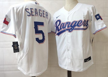 Men's Texas Rangers #5 Corey Seager White Team Logo Cool Base Jersey