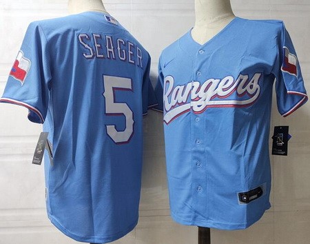 Men's Texas Rangers #5 Corey Seager Light Blue Team Logo Cool Base Jersey