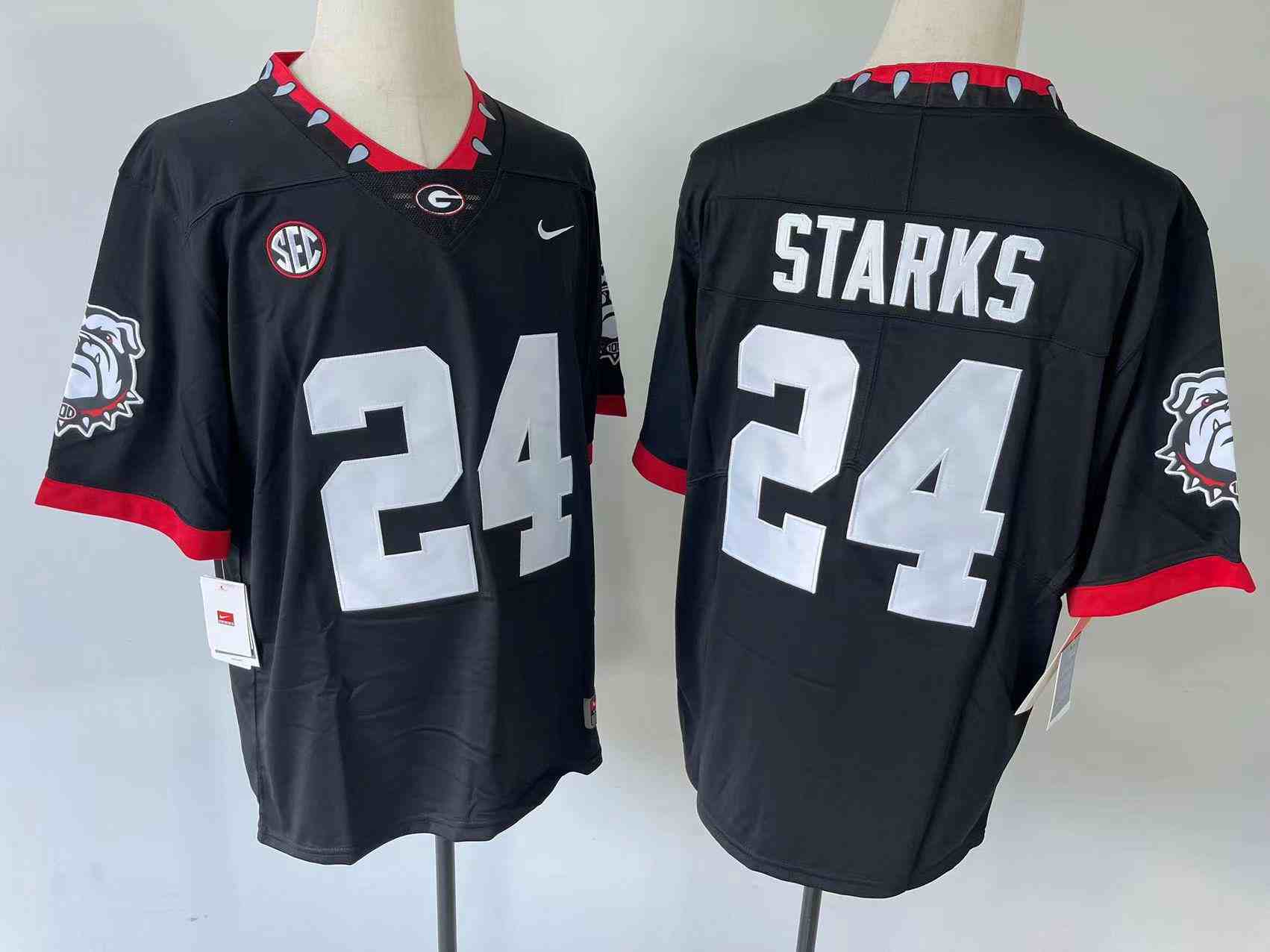 Men’s Georgia Bulldogs #24 Malaki Starks black new font logo patch College Football Jersey