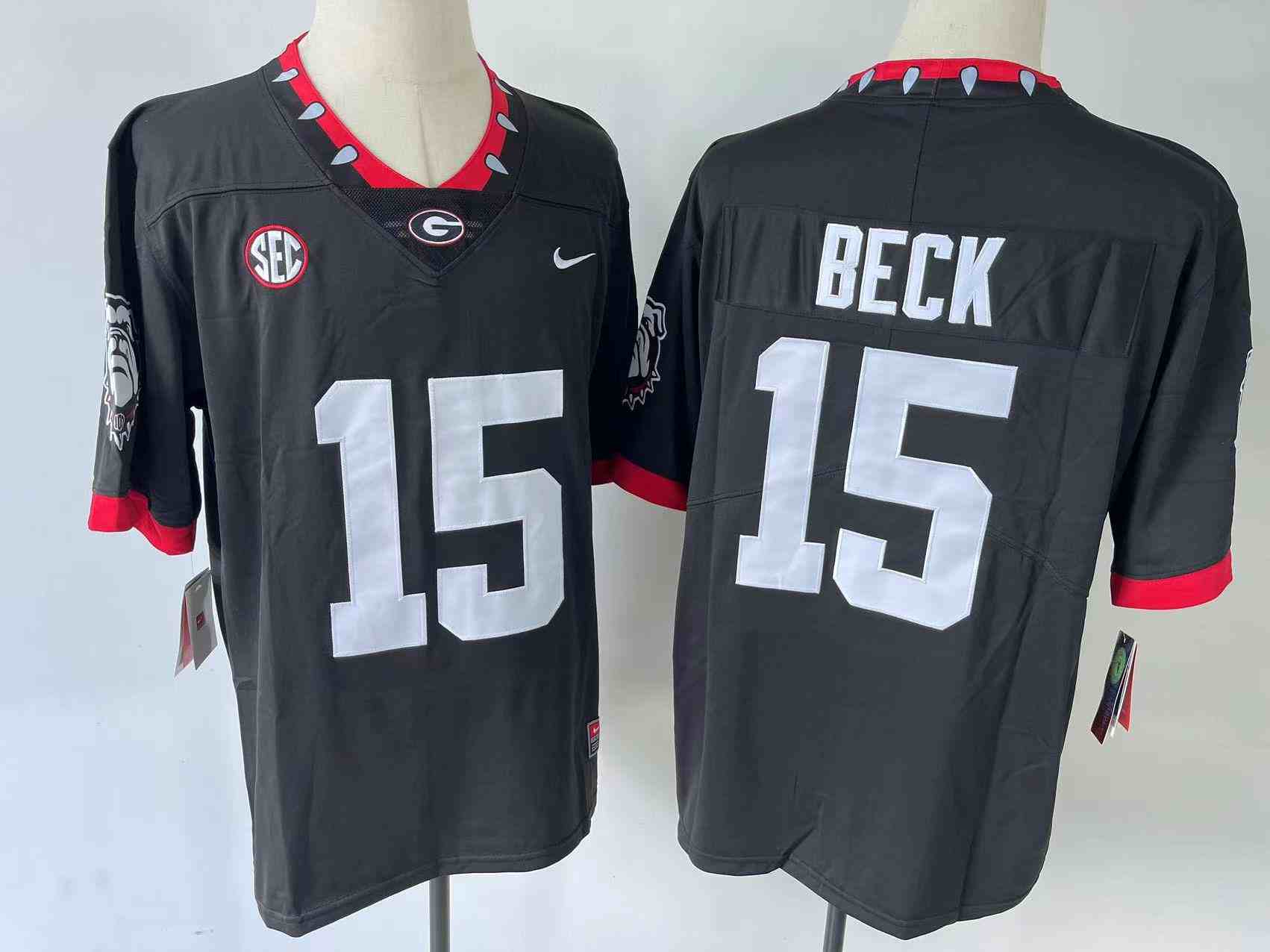 Men’s Georgia Bulldogs #15 Carson Beck black new font logo patch College Football Jersey