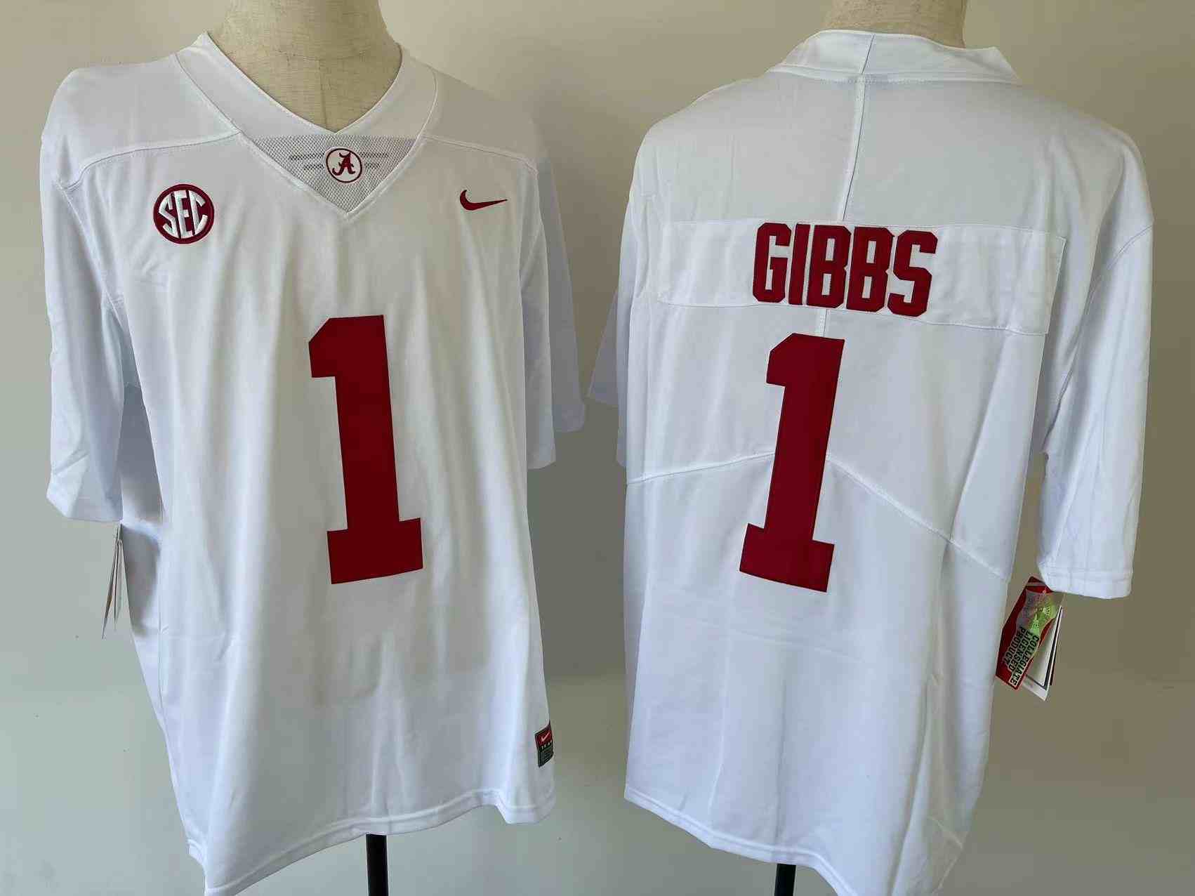 Men's Alabama Crimson Tide #1 Jahmyr GIBBS White College Football Jerseys