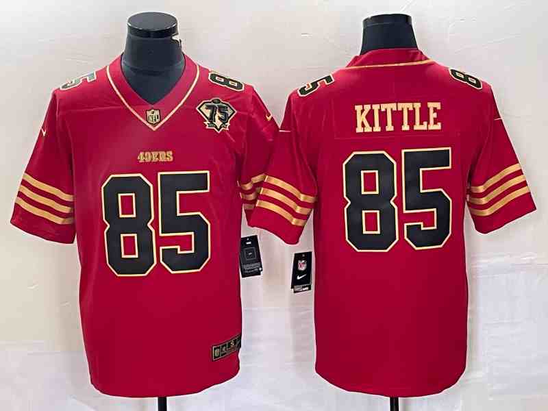 Men's San Francisco 49ers #85 George Kittle Red Gold With 75th Anniversary Patch Stitched Jersey