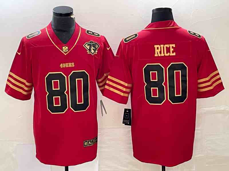 Men's San Francisco 49ers #80 Jerry Rice Red Gold With 75th Anniversary Patch Stitched Jersey