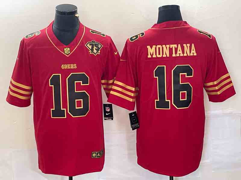 Men's San Francisco 49ers #16 Joe Montana Red Gold With 75th Anniversary Patch Stitched Jersey
