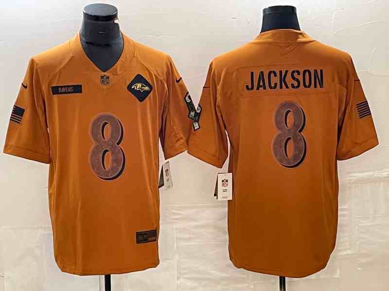 Men's Baltimore Ravens #8 Lamar Jackson 2023 Brown Salute To Service Limited Football Stitched Jersey