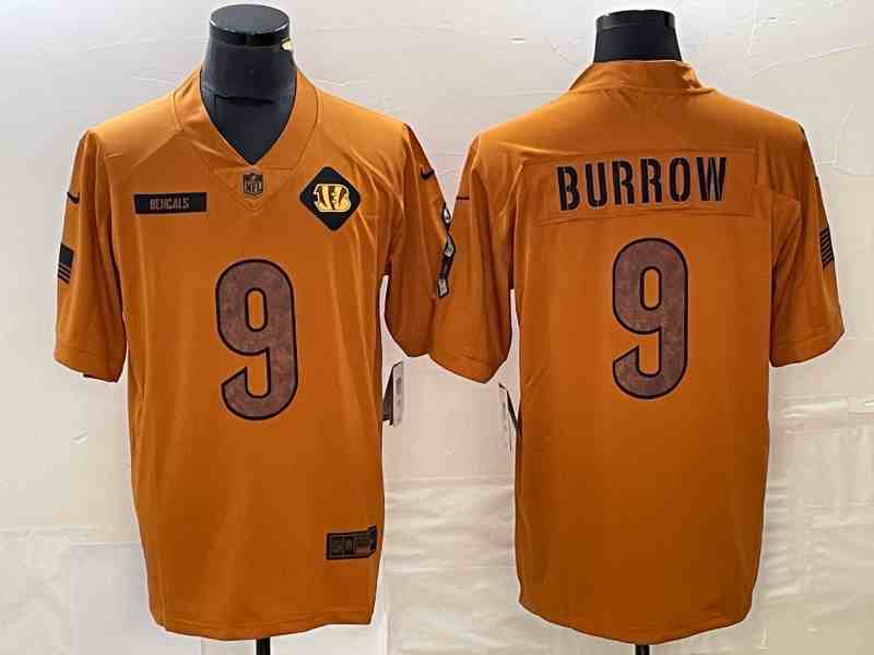 Men's Cincinnati Bengals #9 Joe Burrow 2023 Brown Salute To Service Limited Football Stitched Jersey