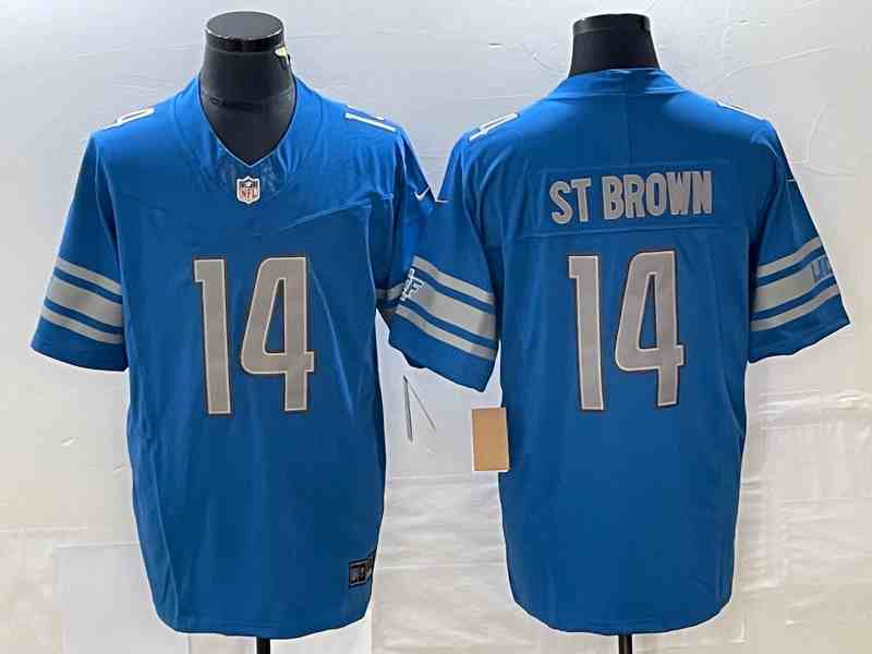 Men's Detroit Lions #14 Amon-Ra St. Brown Blue 2023 F.U.S.E. With 1-Star C Patch And 90th Anniversary Patch Vapor Untouchable Limited Stitched Jersey