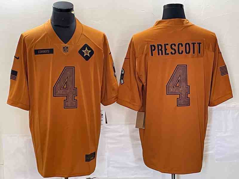 Men's Dallas Cowboys #4 Dak Prescott 2023 Brown Salute To Service Limited Football Stitched Jersey