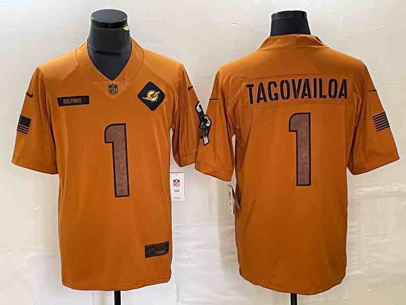 Men's Miami Dolphins #1 Tua Tagovailoa 2023 Brown Salute To Service Limited Stitched Football Jersey