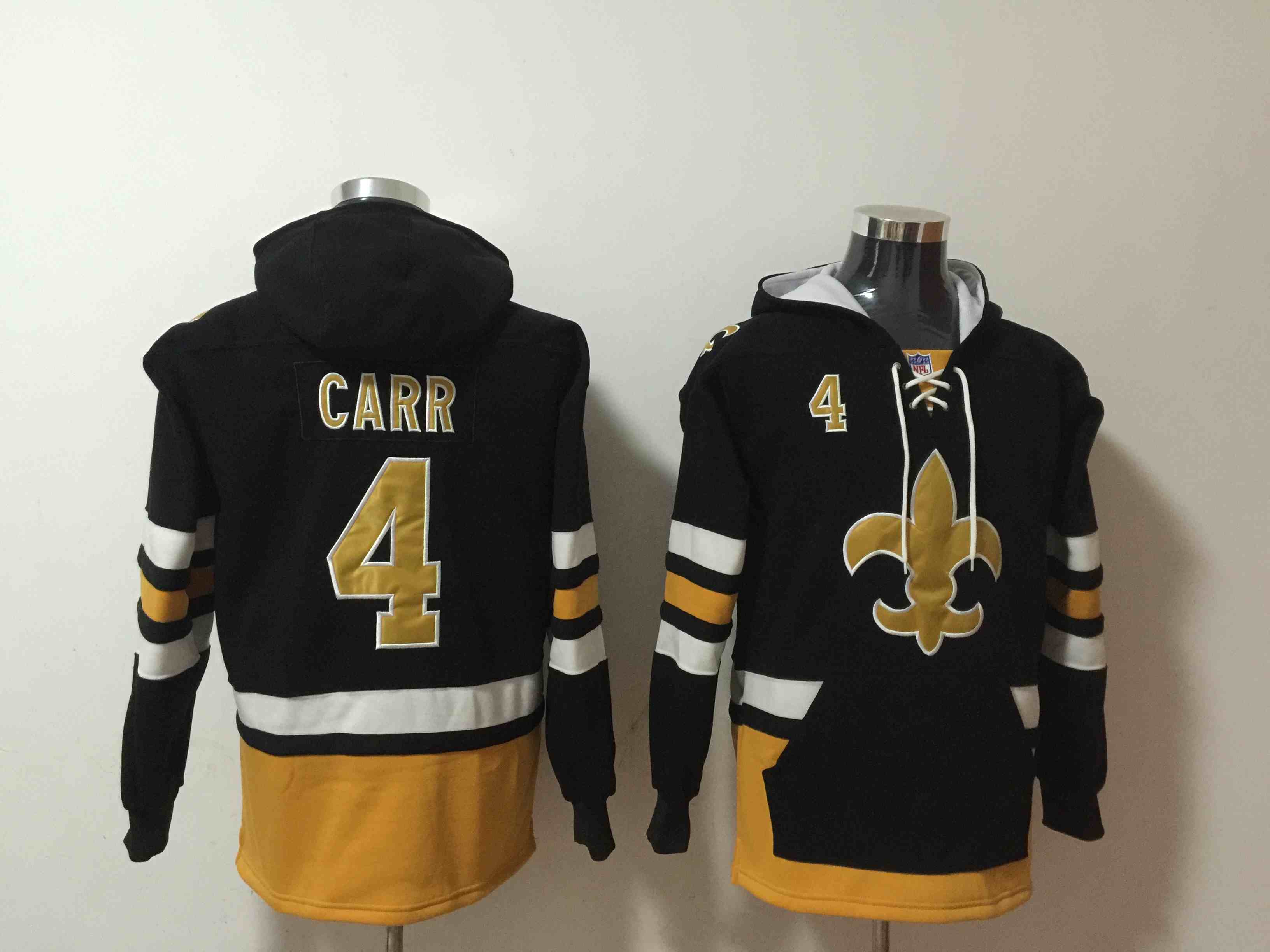 Men's New Orleans Saints #4 Derek Carr Black Ageless Must-Have Lace-Up Pullover Hoodie