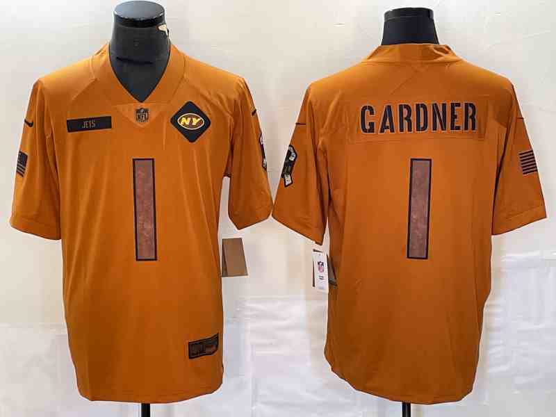 Men's New York Jets #1 Sauce Gardner 2023 Brown Salute To Service Limited Stitched Football Jersey