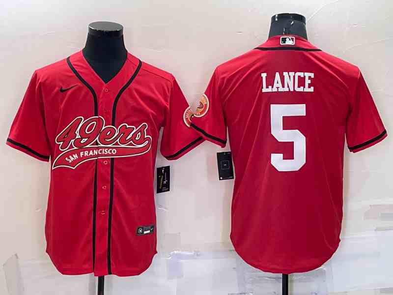 Men's San Francisco 49ers #5 Trey Lance Red Baseball Cool Base Jersey