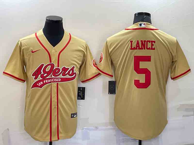 Men's San Francisco 49ers #5 Trey Lance Gold Baseball Cool Base Jersey