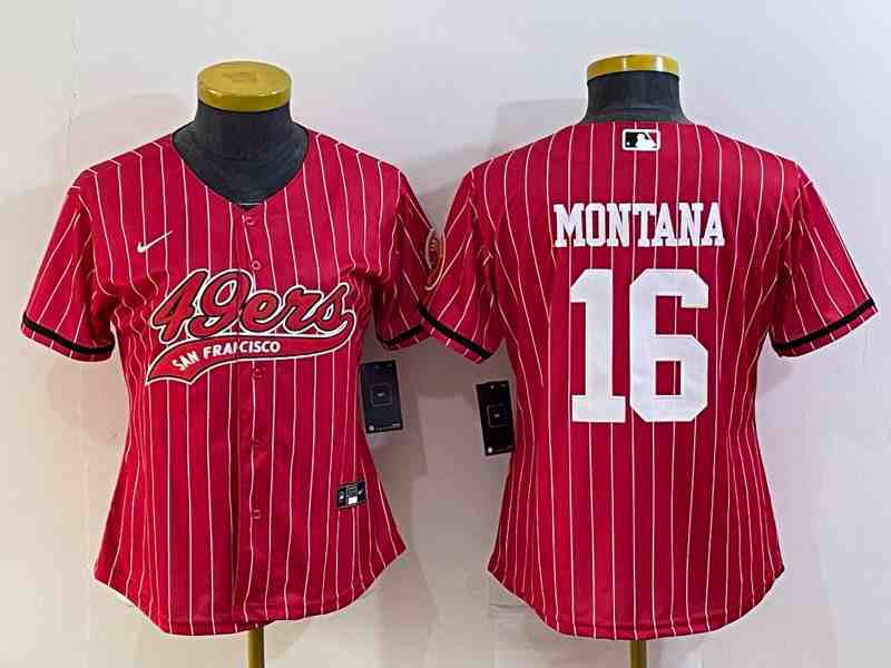 Women's San Francisco 49ers #16 Joe Montana Red Pinstripe With Patch Cool Base Stitched Baseball Jersey