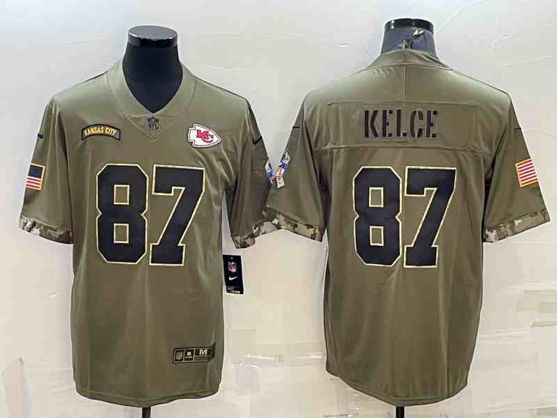 Men's Kansas City Chiefs #87 Travis Kelce 2022 Olive Salute To Service Limited Stitched Jersey