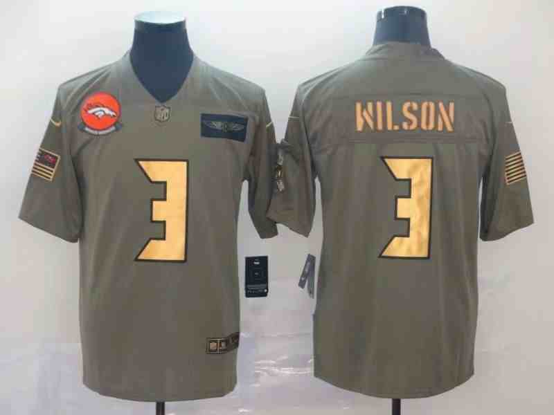 Men's Denver Broncos #3 Russell Wilson 2019 Olive Gold Salute To Service Limited Jersey