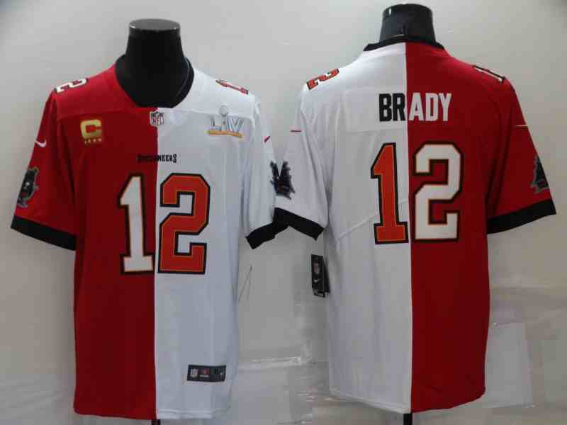 Tampa Bay Buccaneers #12 Tom Brady Split Red-White Super Bowl LV Vapor Limited Jersey