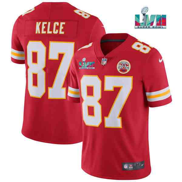 Men’s Kansas City Chiefs #87 Travis Kelce Red Super Bowl LVII Patch Vapor Untouchable Limited Stitched Jersey
