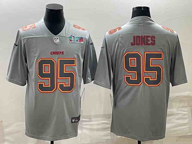 Men's Kansas City Chiefs #95 Chris Jones Gray Super Bowl LVII Patch Atmosphere Fashion Stitched Jersey