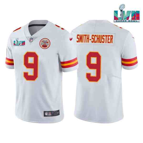 Men’s Kansas City Chiefs #9 JuJu Smith-Schuster White Super Bowl LVII Patch Vapor Untouchable Limited Stitched Jersey