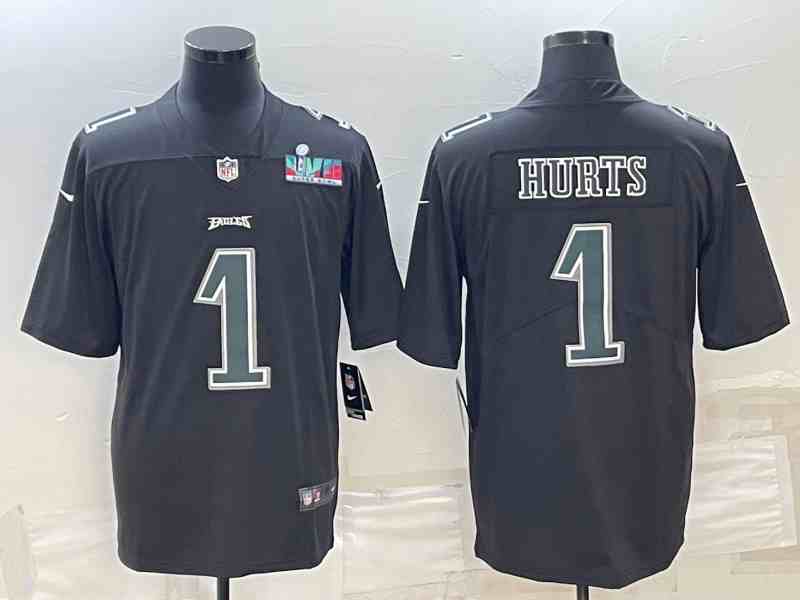 Men's Philadelphia Eagles #1 Jalen Hurts Black Super Bowl LVII Patch Stitched Game Jersey