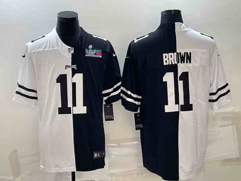 Men's Philadelphia Eagles #11 A.J. Brown Black & White Split Super Bowl LVII Patch Limited Stitched Jersey