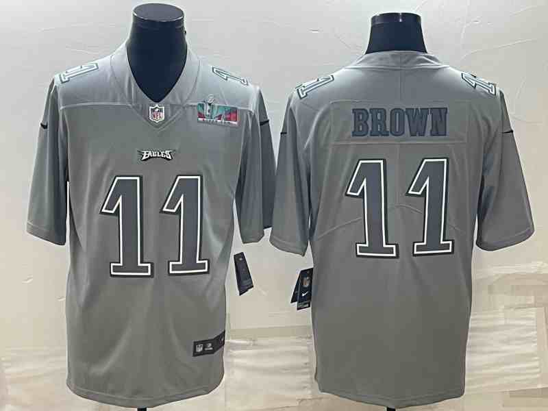 Men's Philadelphia Eagles #11 A.J. Brown Gray Super Bowl LVII Patch Atmosphere Fashion Stitched Jersey