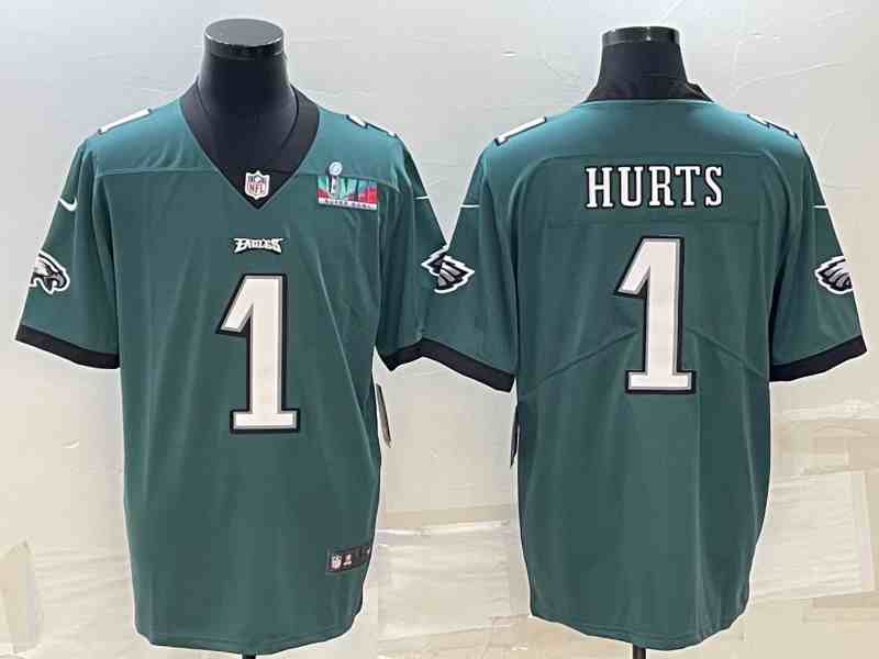 Men's Philadelphia Eagles #1 Jalen Hurts Green Super Bowl LVII Patch Vapor Untouchable Limited Stitched Jersey