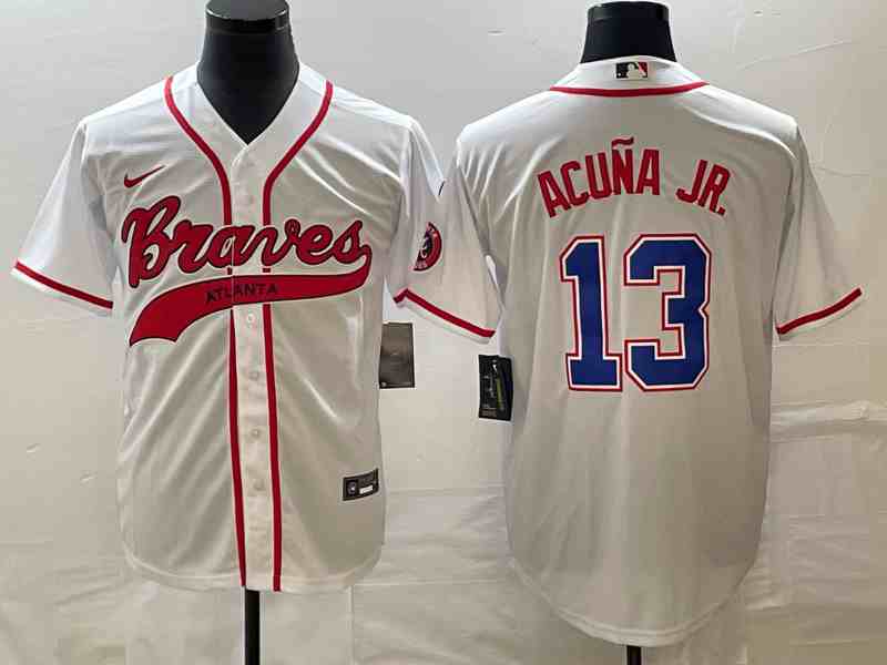 Men's Atlanta Braves #13 Ronald Acuna Jr White Cool Base With Patch Stitched Baseball Jersey