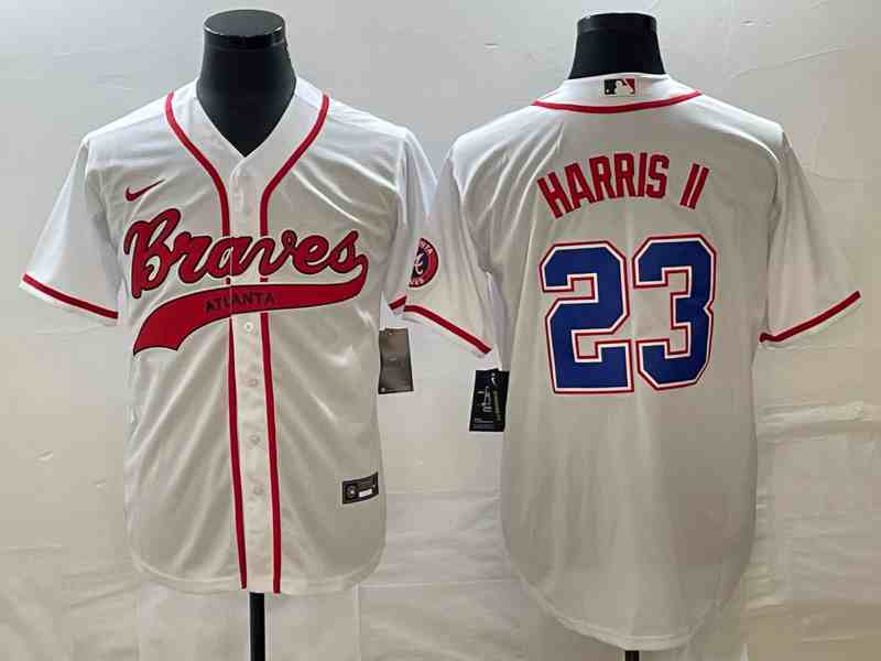 Men's Atlanta Braves #23 Michael Harris II White Cool Base With Patch Stitched Baseball Jersey (2)