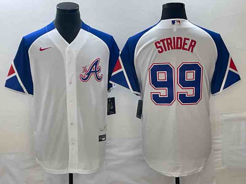Men's Atlanta Braves #99 Spencer Strider White 2023 City Connect Cool Base With Patch Stitched Baseball Jersey (2)
