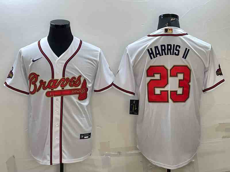 Men's Atlanta Braves #23 Michael Harris II WhiteGold World Series Champions Program Cool Base Stitched Baseball Jersey
