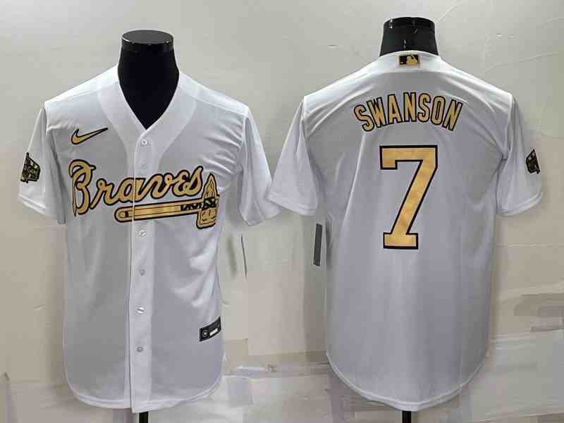 Men's Atlanta Braves #7 Dansby Swanson White 2022 All-Star Cool Base Stitched Baseball Jersey