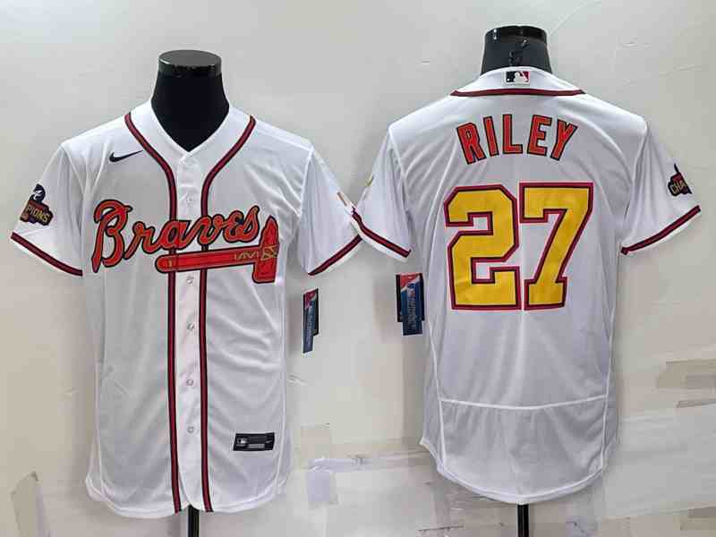 Men's Atlanta Braves #27 Austin Riley White Gold 2021 World Series Champions Stitched MLB Flex Base Jersey
