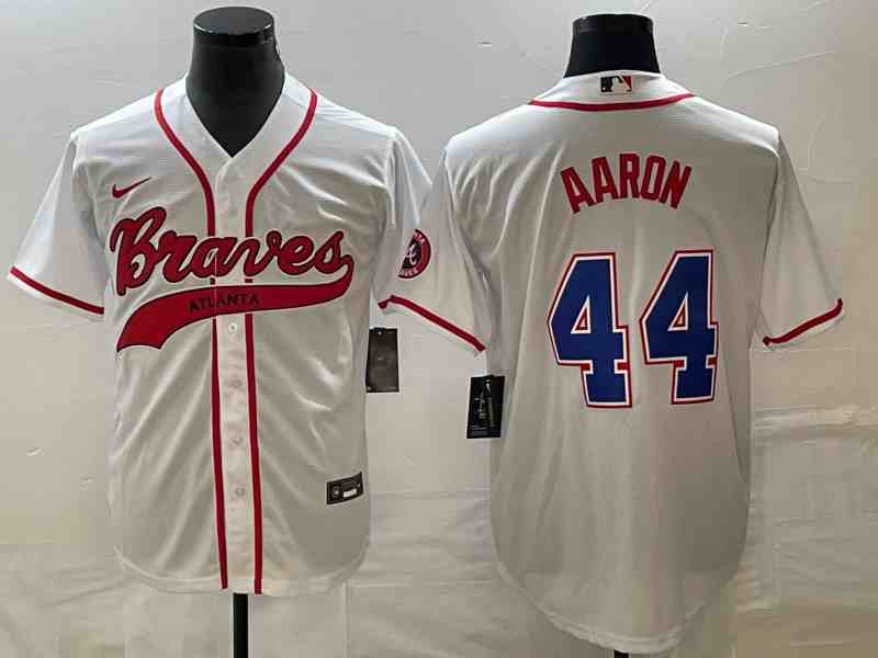 Men's Atlanta Braves #44 Hank Aaron White Cool Base With Patch Stitched Baseball Jersey (2)
