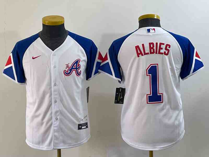 Women's Atlanta Braves #1 Ozzie Albies White 2023 City Connect Cool Base Stitched Jersey