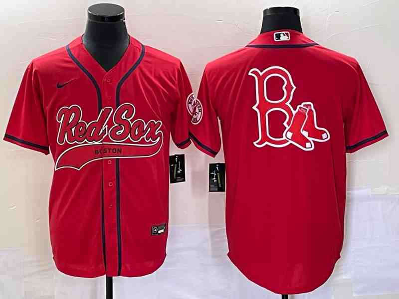 Men's Boston Red Sox Red Team Big Logo With Patch Cool Base Stitched Baseball Red Jersey