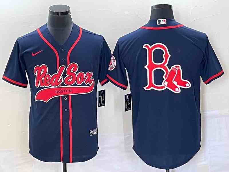 Men's Boston Red Sox Red Team Big Logo With Patch Cool Base Stitched Baseball Blue Jersey