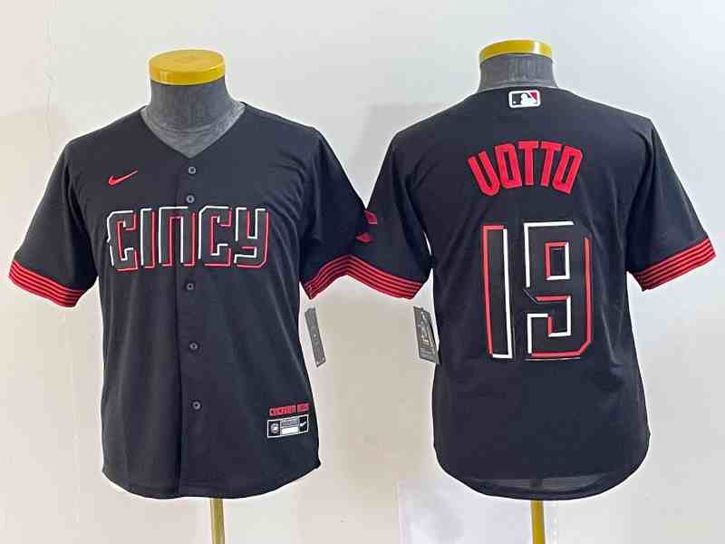Youth Cincinnati Reds #19 Joey Votto Black 2023 City Connect With Patch Stitched Baseball Jersey