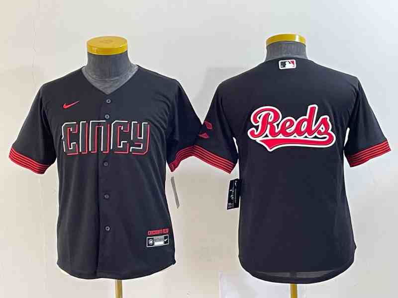Youth Cincinnati Reds Black Team Big Logo 2023 City Connect With Patch Stitched Baseball Jersey(Run Small)