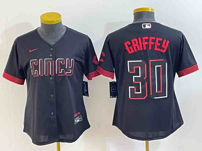 Women's Cincinnati Reds #30 Ken Griffey Jr. Black 2023 City Connect Stitched Baseball Jersey(Run Small)