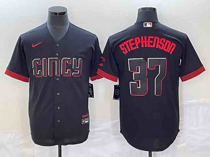 Men's Cincinnati Reds #37 Tyler Stephenson Black 2023 City Connect Cool Base Stitched Jersey