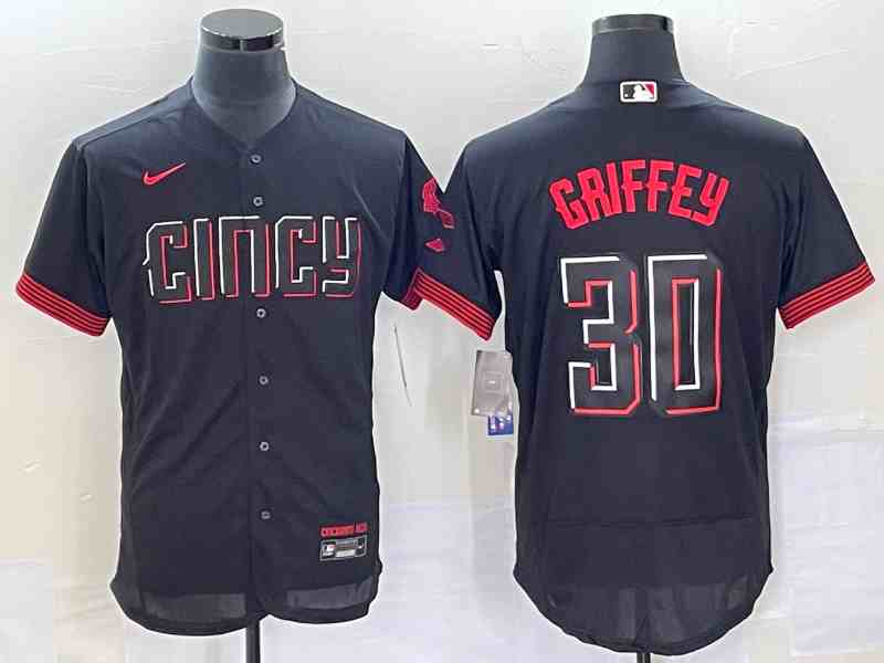 Men's Cincinnati Reds #30 Ken Griffey Jr Black 2023 City Connect Flex Base Stitched Jersey