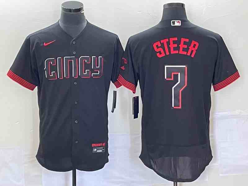 Men's Cincinnati Reds #7 Spencer Steer Black 2023 City Connect Flex Base Stitched Jersey 1