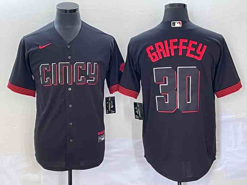 Men's Cincinnati Reds #30 Ken Griffey Jr Black 2023 City Connect Cool Base Stitched Jersey1
