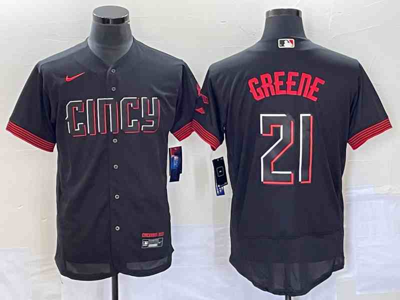 Men's Cincinnati Reds #21 Hunter Greene Black 2023 City Connect Flex Base Stitched Jersey 1