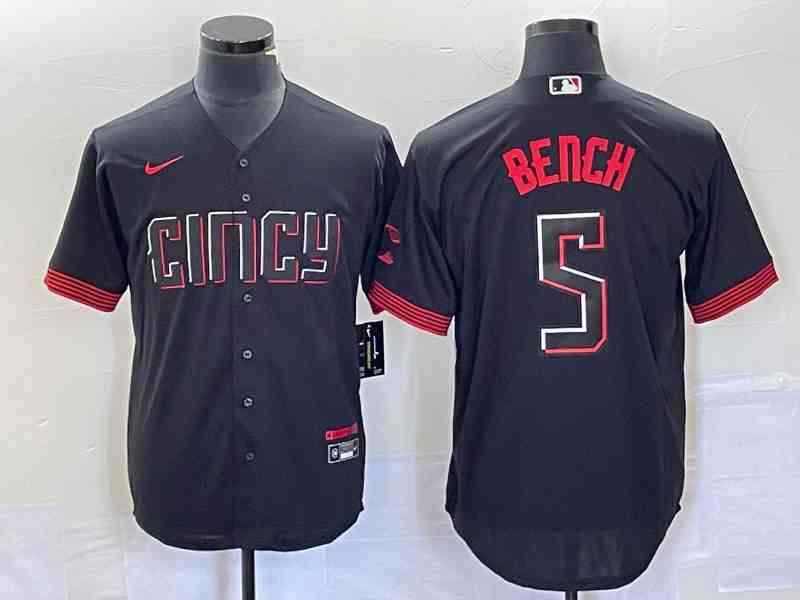 Men's Cincinnati Reds #5 Johnny Bench Black 2023 City Connect Cool Base Stitched Baseball Jersey 1