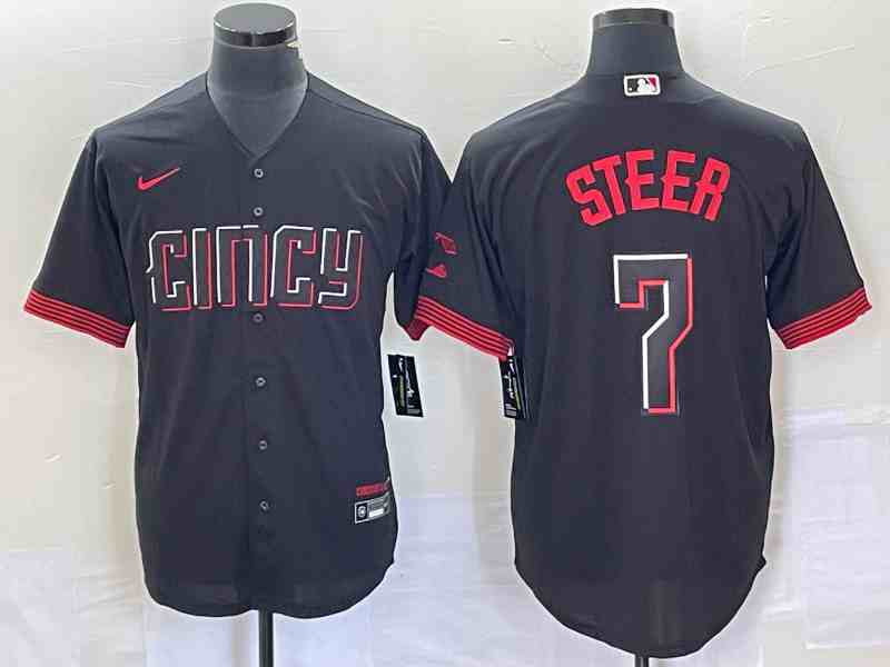 Men's Cincinnati Reds #7 Spencer Steer Black 2023 City Connect Cool Base Stitched Baseball Jersey 1