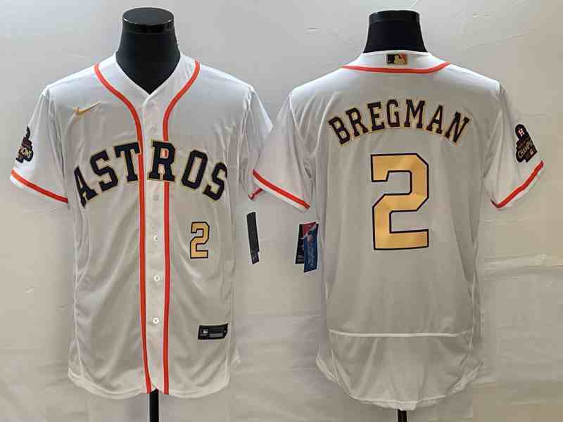 Men's Houston Astros #2 Alex Bregman Number 2023 White Gold World Serise Champions Patch Flex Base Stitched Jersey2