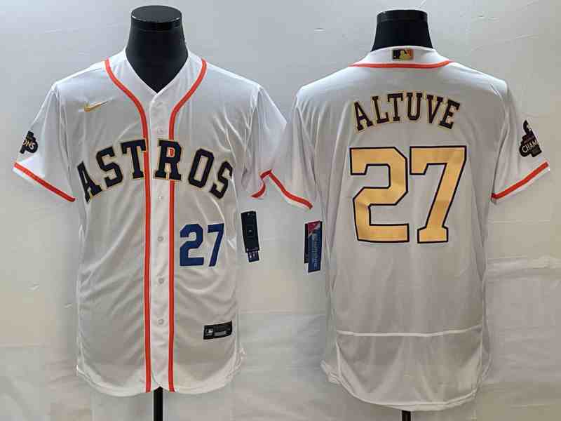 Men's Houston Astros #27 Jose Altuve Number 2023 White Gold World Serise Champions Patch Flex Base Stitched Jersey1